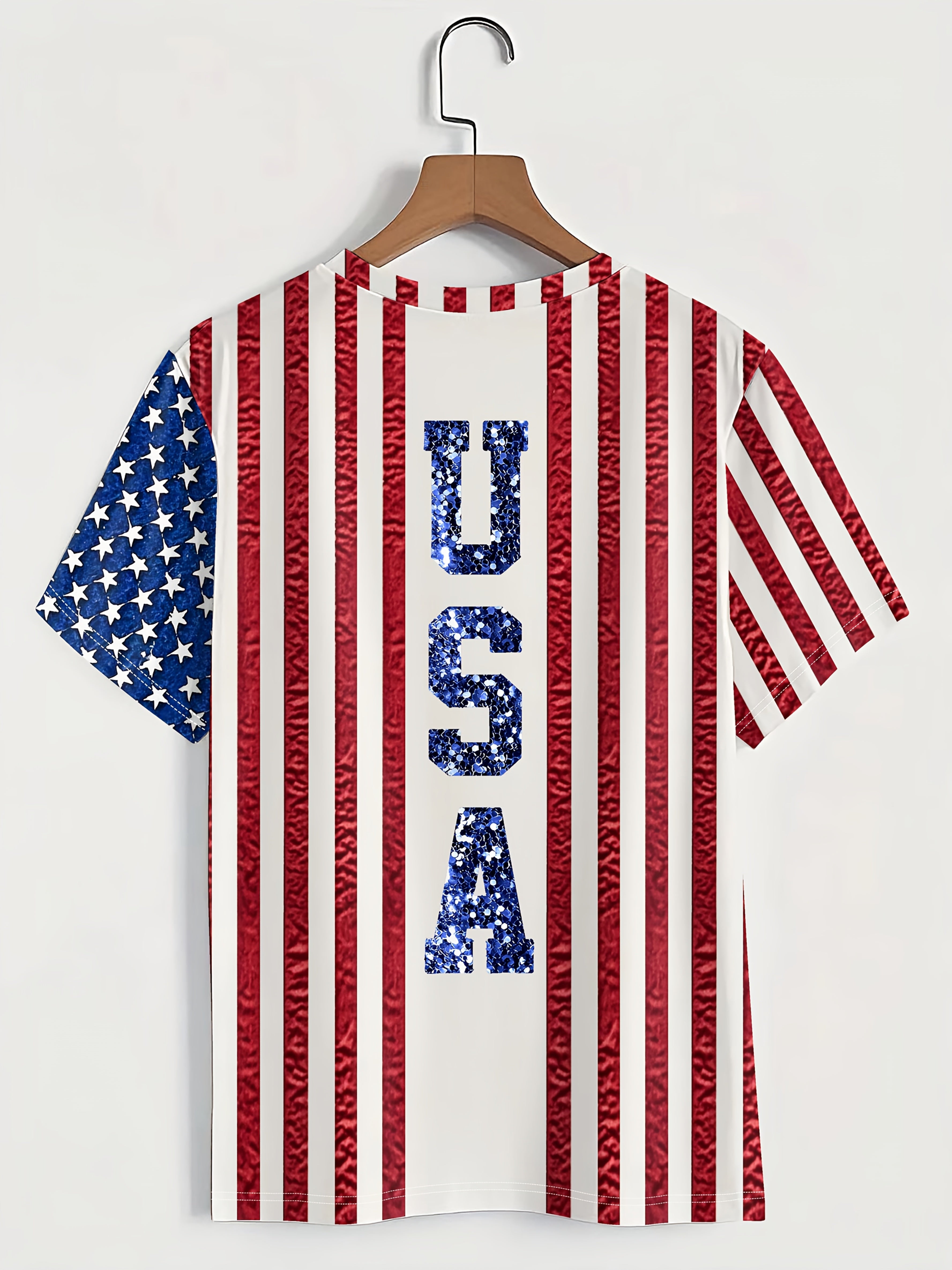 Women's Printed, Non-Glitter Sequin Flag Print Casual T-Shirt - Spring/Summer Fashion Design, Minimalist, Romantic Style, Artistic, Casual Attire, Vacation Look, Versatile and Stylish